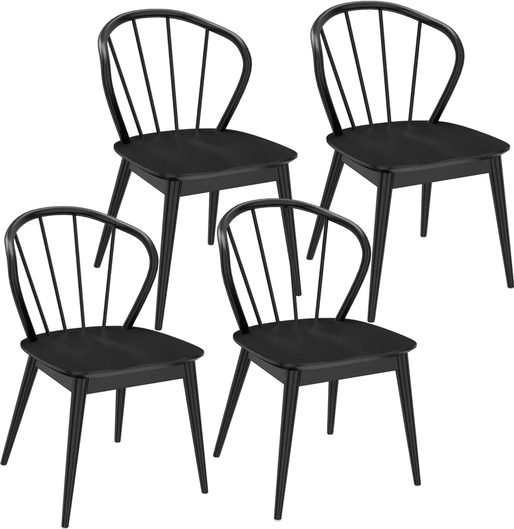 Set of 4 black Windsor dining chairs with spindle backrests, featuring rubber wood construction and a retro design.