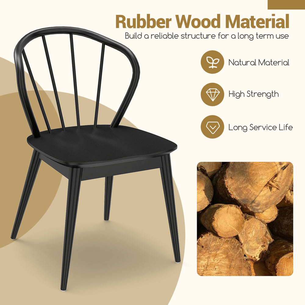 Windsor dining chair set of 4 in black with spindle backrest, made of rubber wood for long-term use and stability.