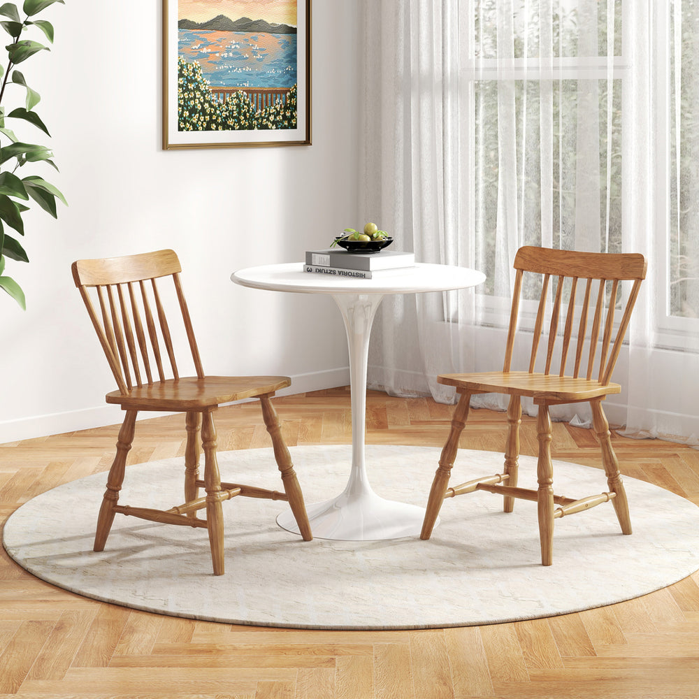Windsor dining chairs set of 2 with curved spindle back in natural rubber wood, perfect for dining rooms or cafes.