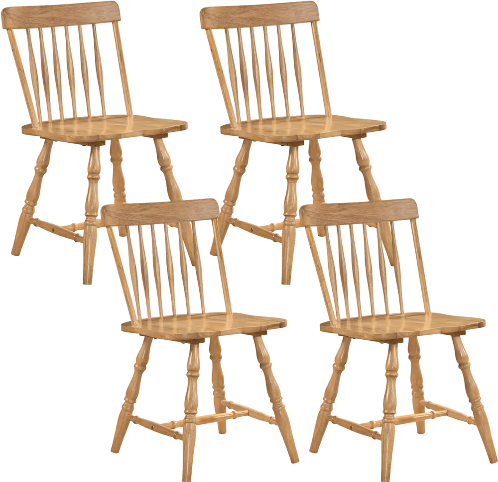 Set of 4 Windsor dining chairs with curved spindle backs in natural rubber wood, ideal for dining rooms or cafes.