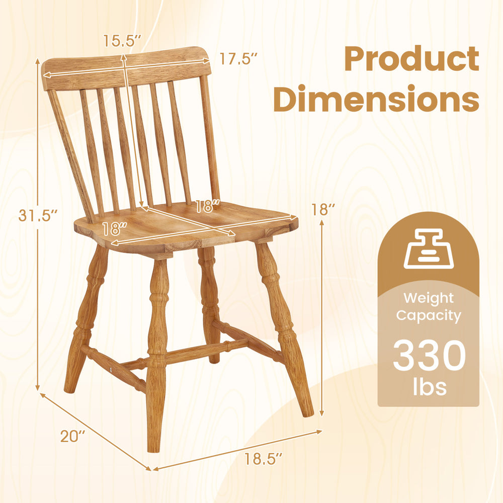 Windsor dining chair dimensions with curved spindle back, sturdy rubber wood, and weight capacity of 330 lbs.