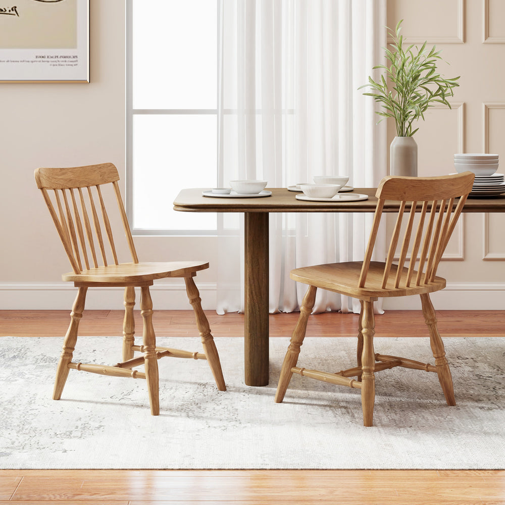 Windsor dining chairs set of 4 with curved spindle back in natural wood, perfect for dining rooms or cafes.