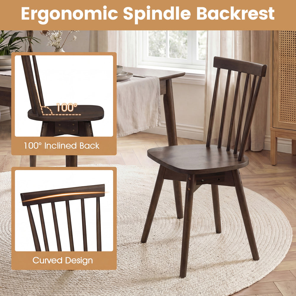 Windsor dining chair with 100° inclined spindle back, rubber wood construction, and swivel seat for versatile kitchen.
