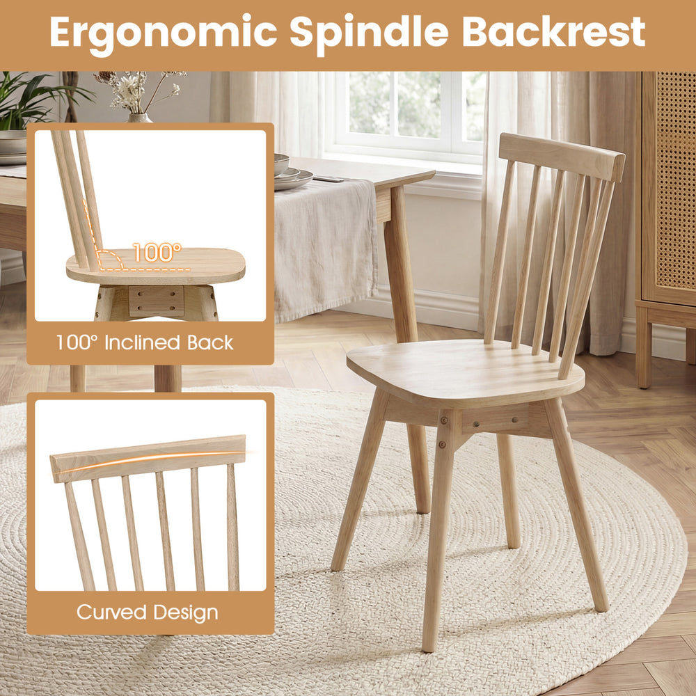Windsor dining chair with 100° inclined spindle back, made of natural rubber wood, ideal for kitchen seating.