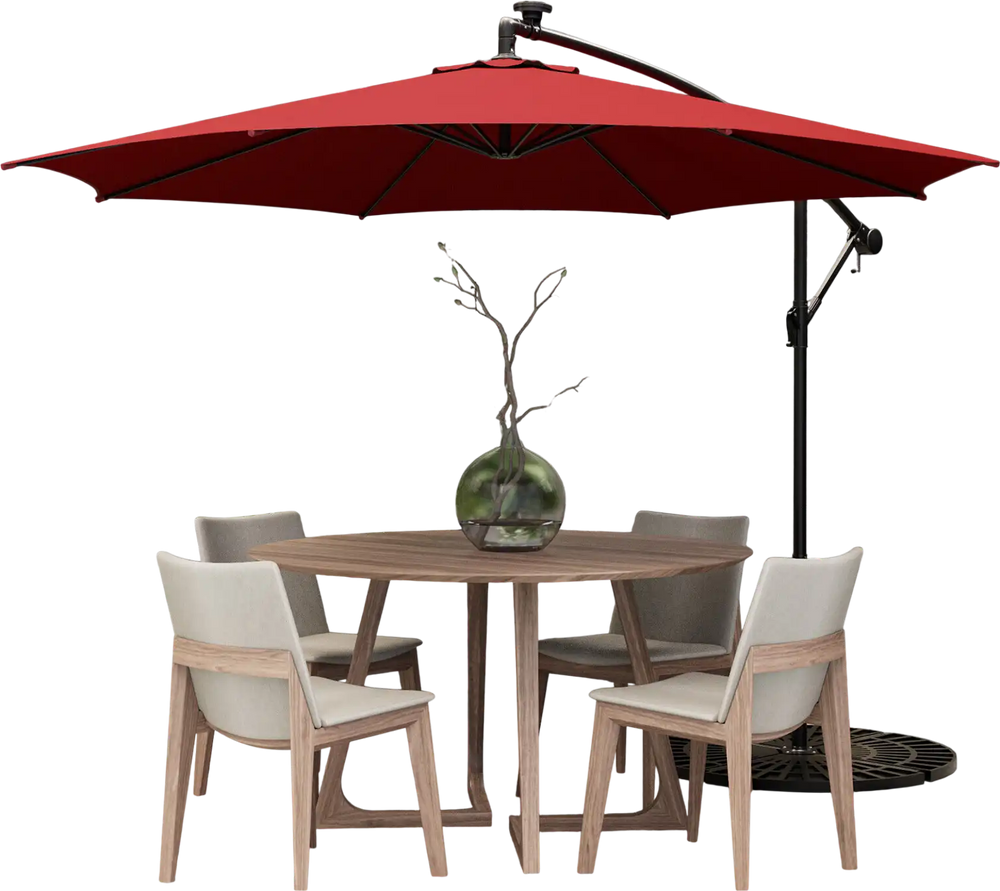 10 feet patio offset umbrella in wine color with solar-powered LED lights, ideal for outdoor dining and relaxation.