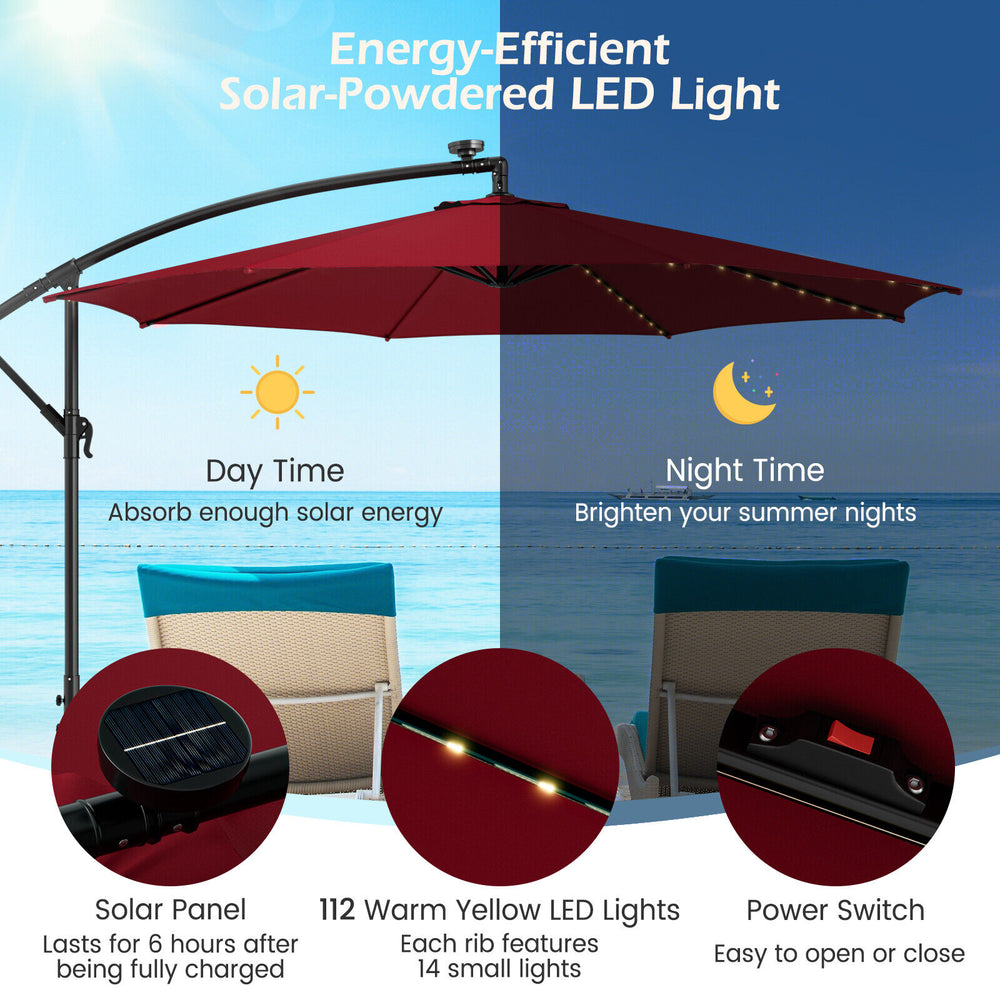 10 feet patio offset umbrella in wine color with solar-powered LED lights, perfect for brightening outdoor spaces.