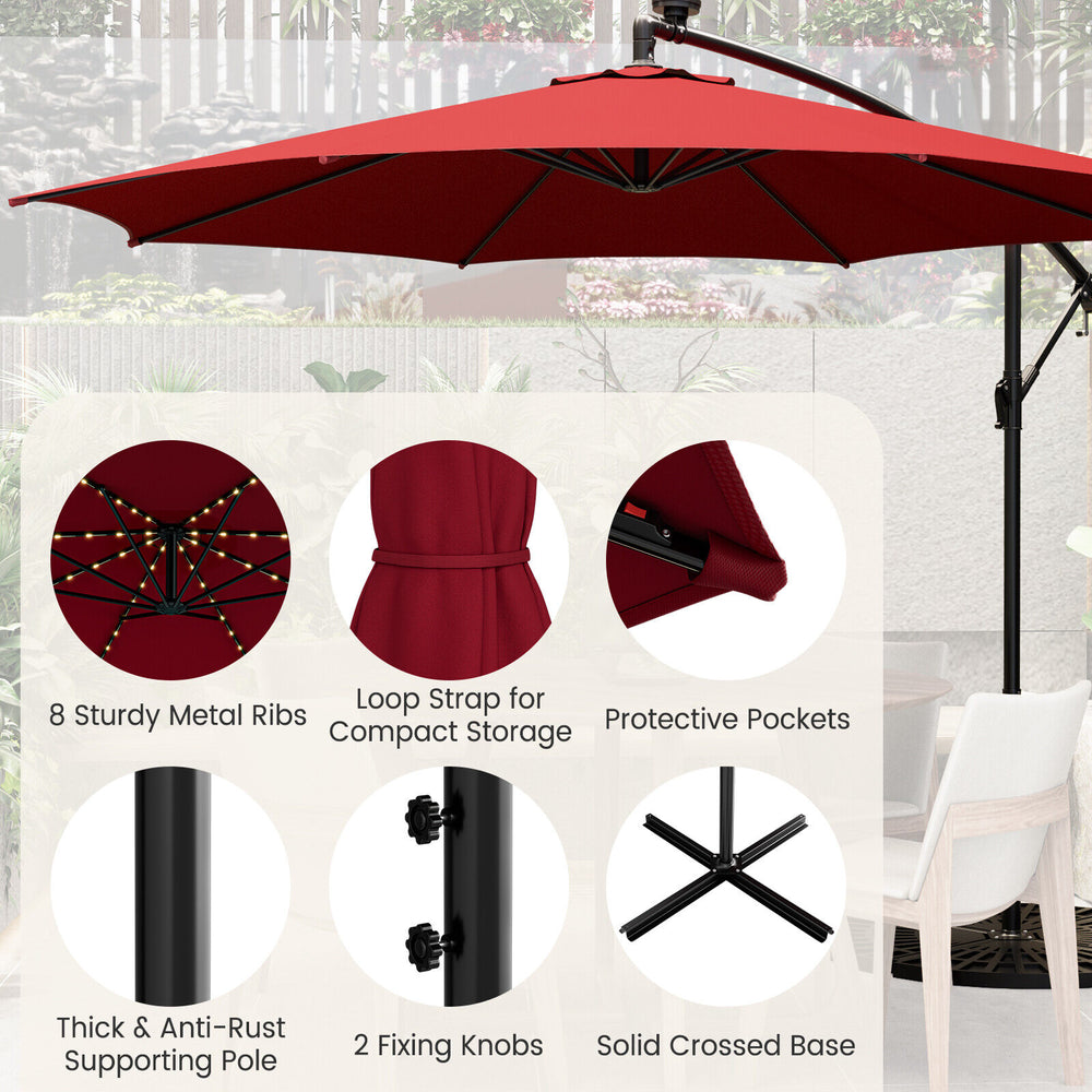 10 feet patio offset umbrella in wine color with 112 solar-powered LED lights, featuring sturdy metal ribs and a.