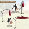 Patio offset umbrella with solar-powered LED lights, featuring a crank handle for easy opening and closing, in wine.