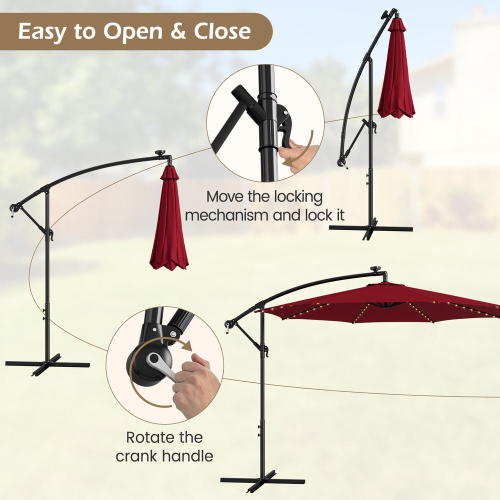 Patio offset umbrella with solar-powered LED lights, featuring a crank handle for easy opening and closing, in wine.