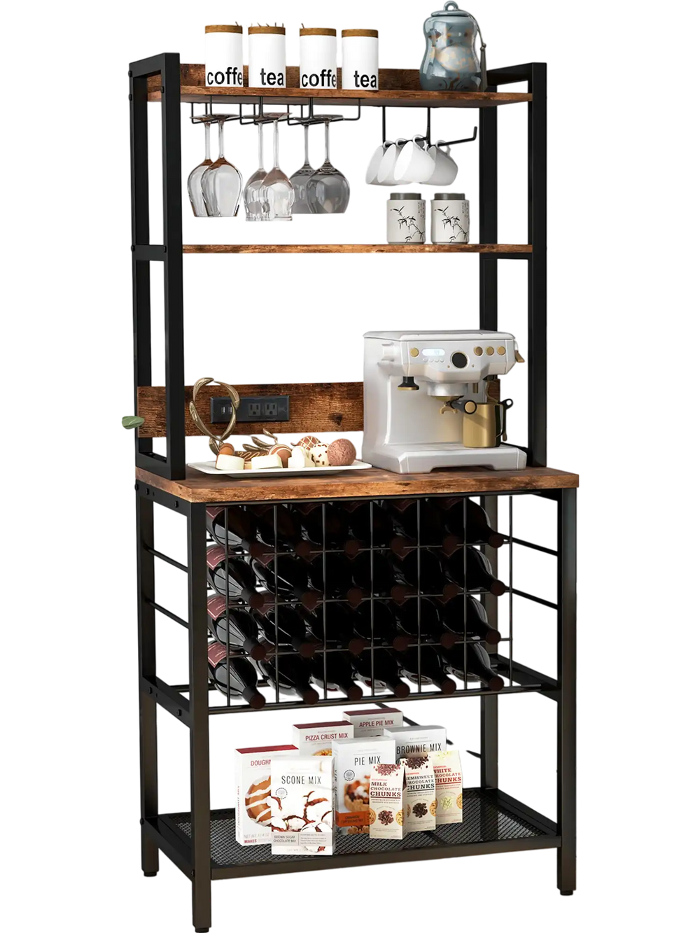 Wine bar cabinet with 4 tier storage shelves, holds 24 bottles and 9 glasses, featuring a wood grain surface and.