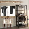 Wine bar cabinet with 4 tier shelves, brown wood grain finish, holds 24 bottles and 9 glasses, ideal for home storage.