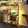 Wine bar cabinet with 4 tier shelves, holds 24 bottles and 9 glasses, featuring a wood grain surface and built-in.