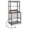 Wine bar cabinet with 4 tier storage shelves, glass holders, and built-in charging station for versatile functionality.