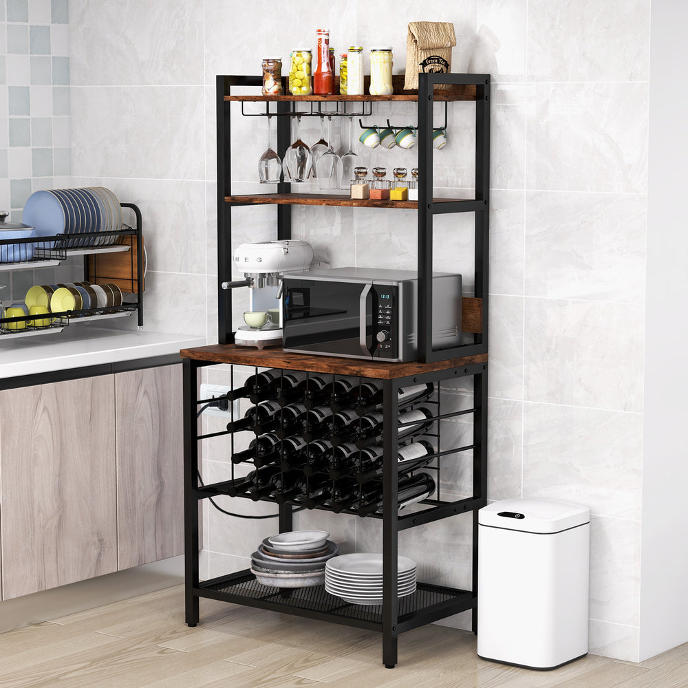 Wine bar cabinet with 4 tier storage shelves, holds 24 wine bottles and 9 glasses, featuring a brown wood grain surface.