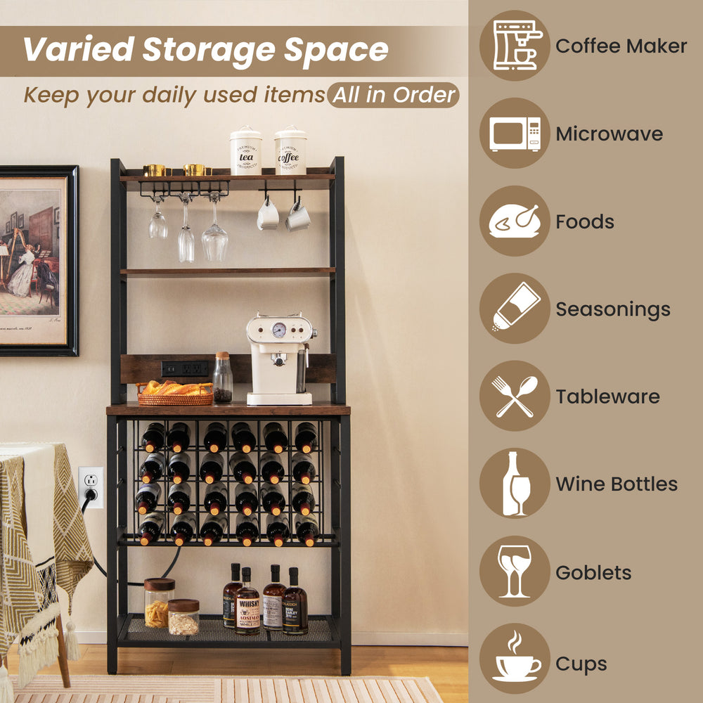 Wine bar cabinet with 4 tier shelves, glass holders, and space for 24 wine bottles, ideal for stylish storage.