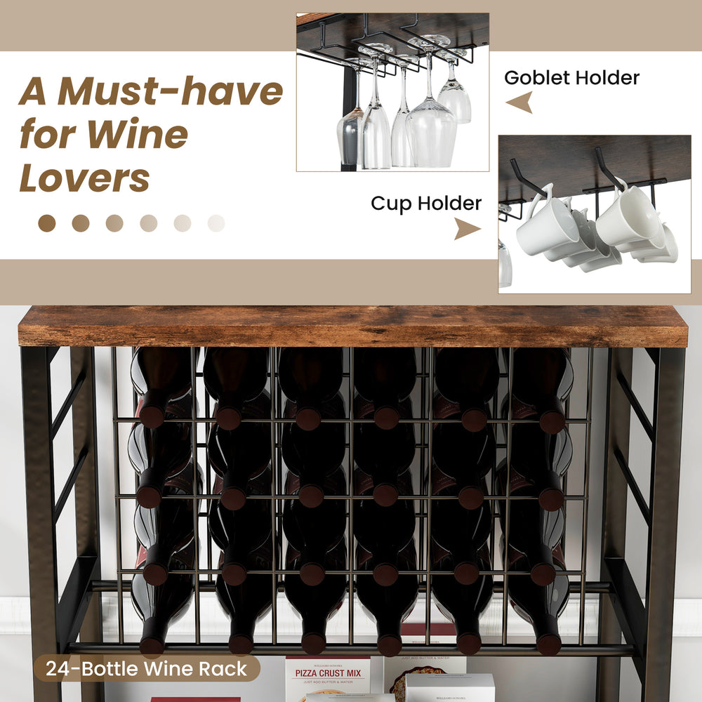 Wine rack with 4 tier shelves, holds 24 bottles and 9 glasses, featuring a brown wood grain surface for industrial.