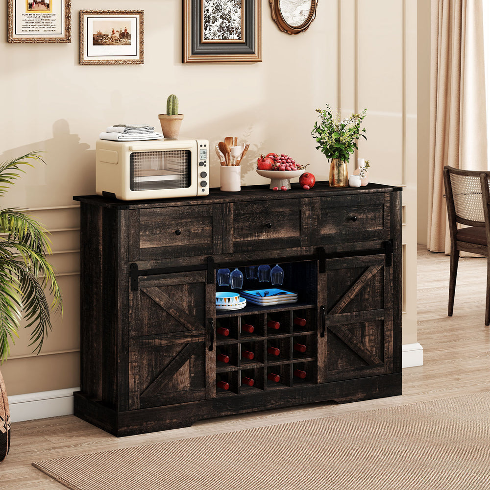 52-inch black wine bar cabinet with sliding barn doors, LED lights, and adjustable shelves for home bar or dining room.