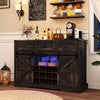 52-inch black wine bar cabinet featuring LED lights, sliding barn doors, and storage for 12 wine bottles and glasses.