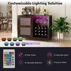 Wine bar cabinet in rustic brown with adjustable LED lights, wine glass holders, and 360° rotating wheels for easy.