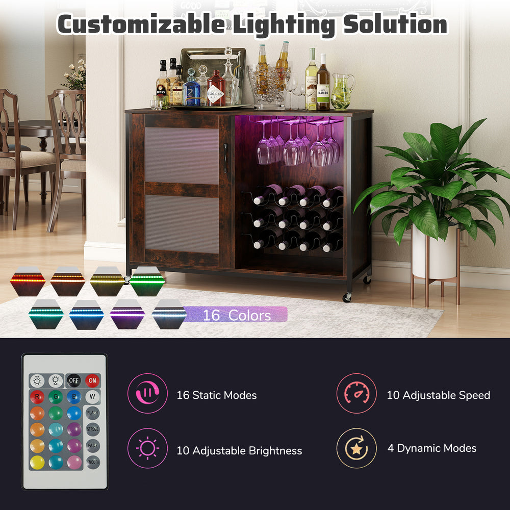 Wine bar cabinet in rustic brown with adjustable LED lights, wine glass holders, and 360° rotating wheels for easy.