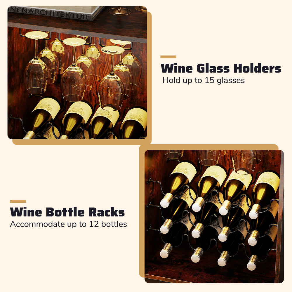 Wine glass holders in rustic brown wine bar cabinet, holding up to 15 glasses, ideal for home bar or kitchen use.
