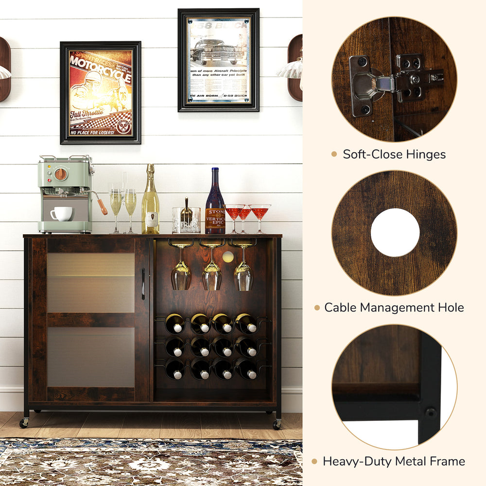 Rustic brown wine bar cabinet featuring adjustable LED lights, wine glass holders, and a heavy-duty metal frame for.