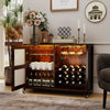 Rustic brown wine bar cabinet with LED light, adjustable shelves, and wine glass holders, perfect for home bar use.