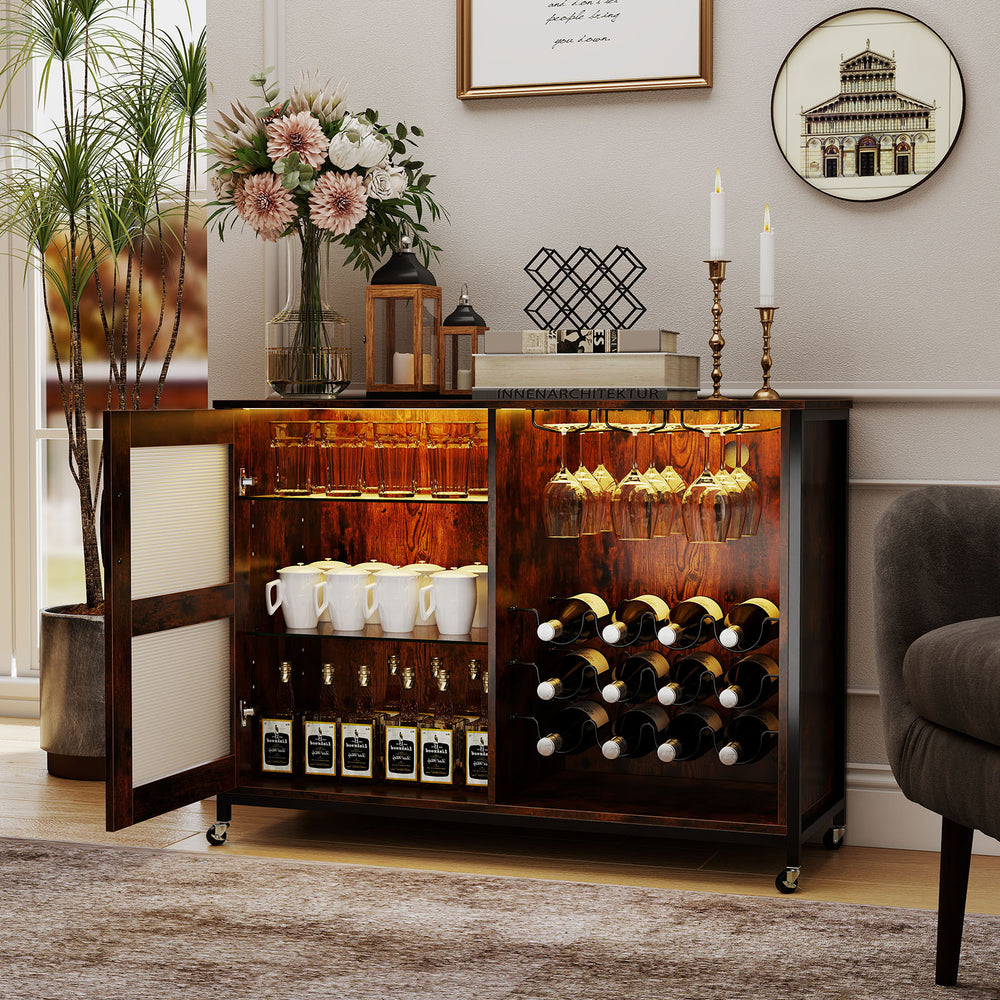 Rustic brown wine bar cabinet with LED light, adjustable shelves, and wine glass holders, perfect for home bar use.