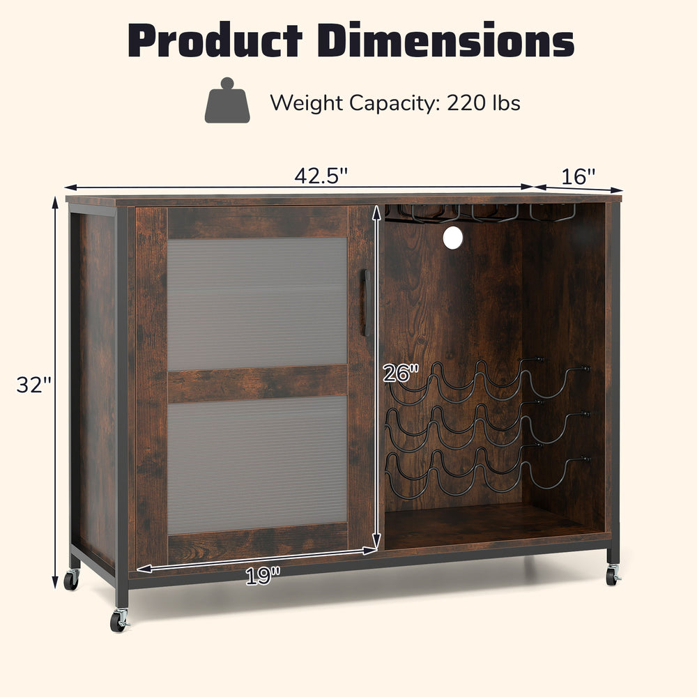 Wine bar cabinet dimensions with adjustable shelves, rustic brown finish, and 220 lbs capacity for home bar use.