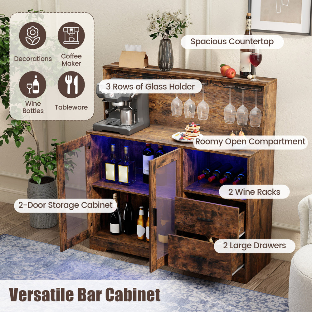 Rustic brown wine bar cabinet featuring LED lights, spacious countertop, and two wine racks for organized storage.