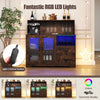 Rustic brown wine bar cabinet featuring RGB LED lights, spacious countertop, and built-in charging station for versatile use.