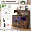 Wine bar cabinet in rustic brown with LED lights, charging station, and anti-tipping devices for enhanced stability.
