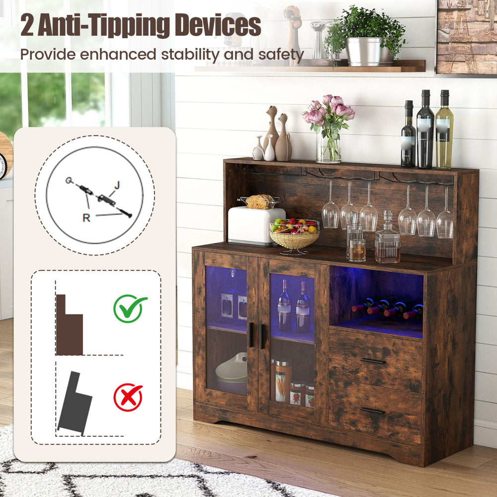 Wine bar cabinet in rustic brown with LED lights, charging station, and anti-tipping devices for enhanced stability.