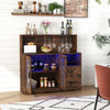 Rustic brown wine bar cabinet featuring LED lights, wine racks, and a built-in charging station for versatile storage.