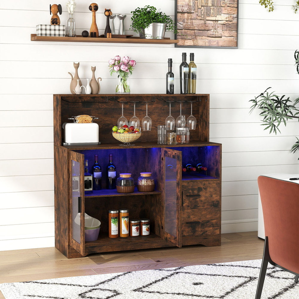 Rustic brown wine bar cabinet featuring LED lights, wine racks, and a built-in charging station for versatile storage.