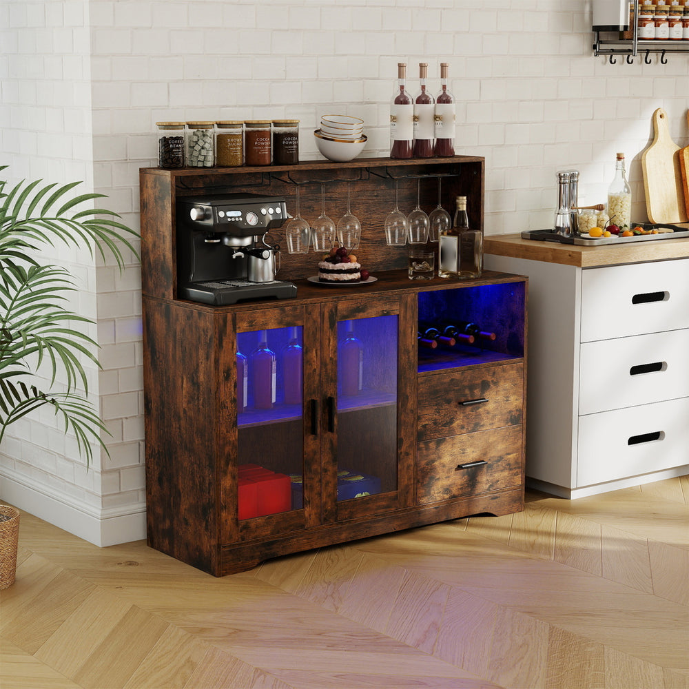 Rustic brown wine bar cabinet featuring LED lights, a charging station, and ample storage for wine and glassware.