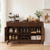Wine bar cabinet in brown with adjustable shelves, wine rack, and glass holders, perfect for kitchen or dining room use.