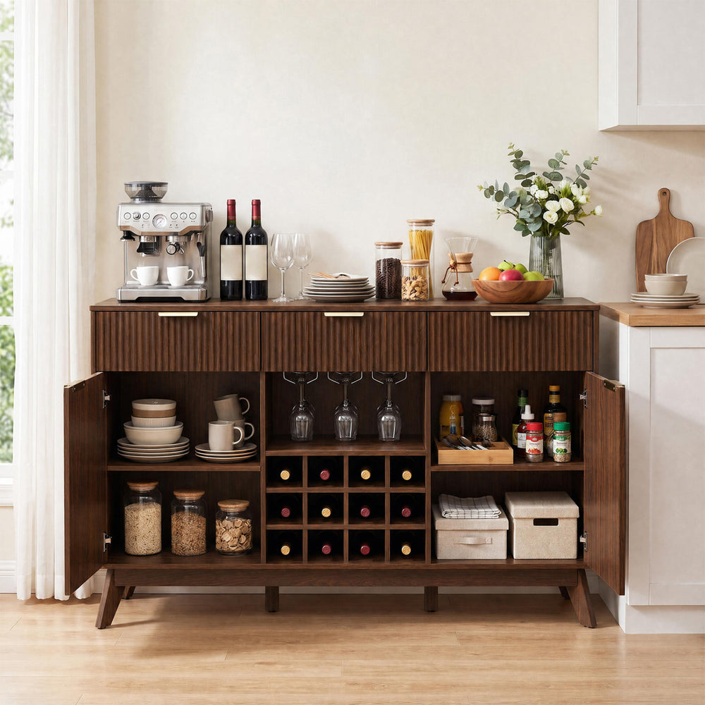 Wine bar cabinet in brown with adjustable shelves, wine rack, and glass holders, perfect for kitchen or dining room use.