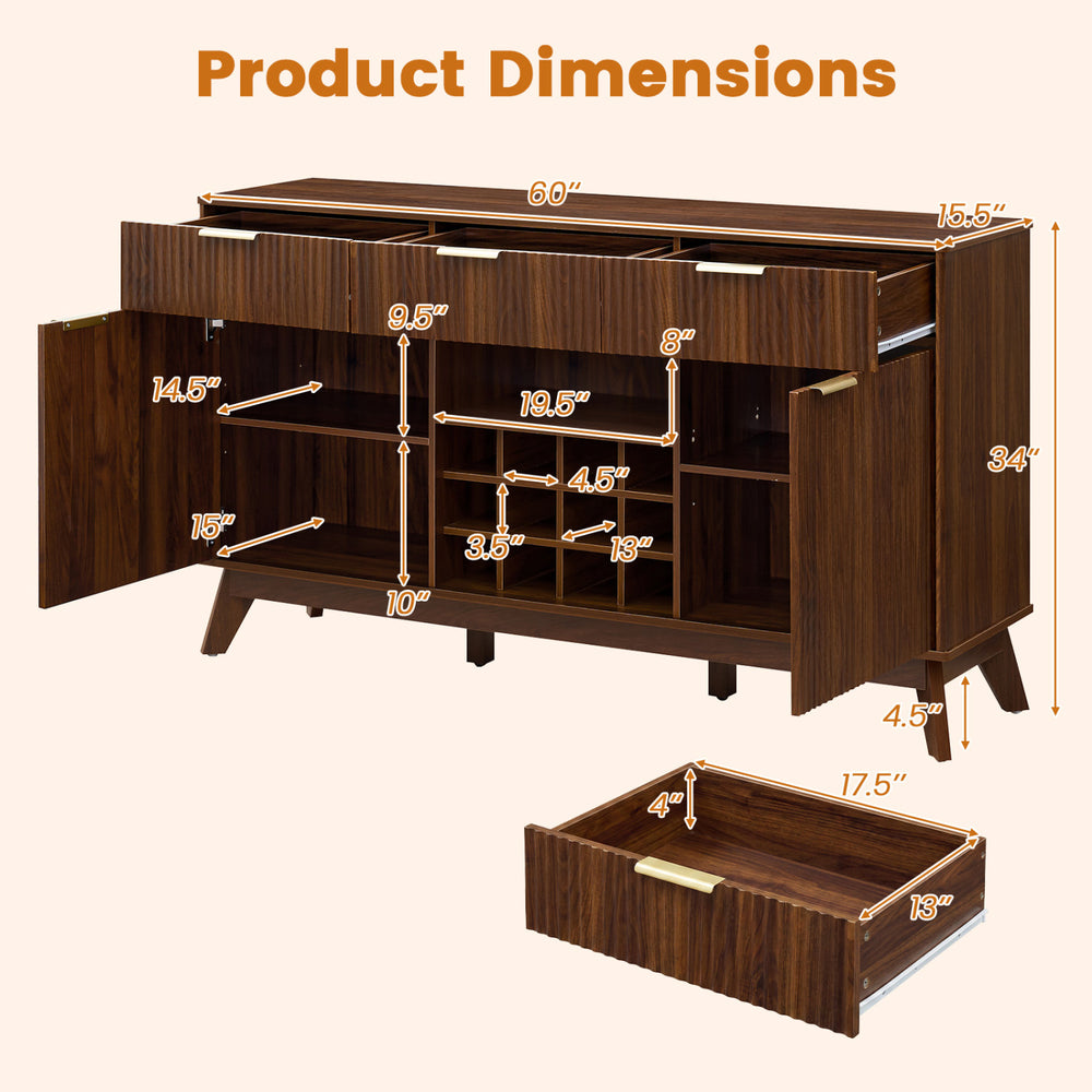 Wine bar cabinet dimensions showcasing adjustable shelves, drawers, and wine rack for versatile kitchen storage.