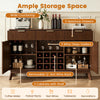 Wine bar cabinet in brown featuring a wide countertop, 3 spacious drawers, and adjustable shelves for versatile storage.