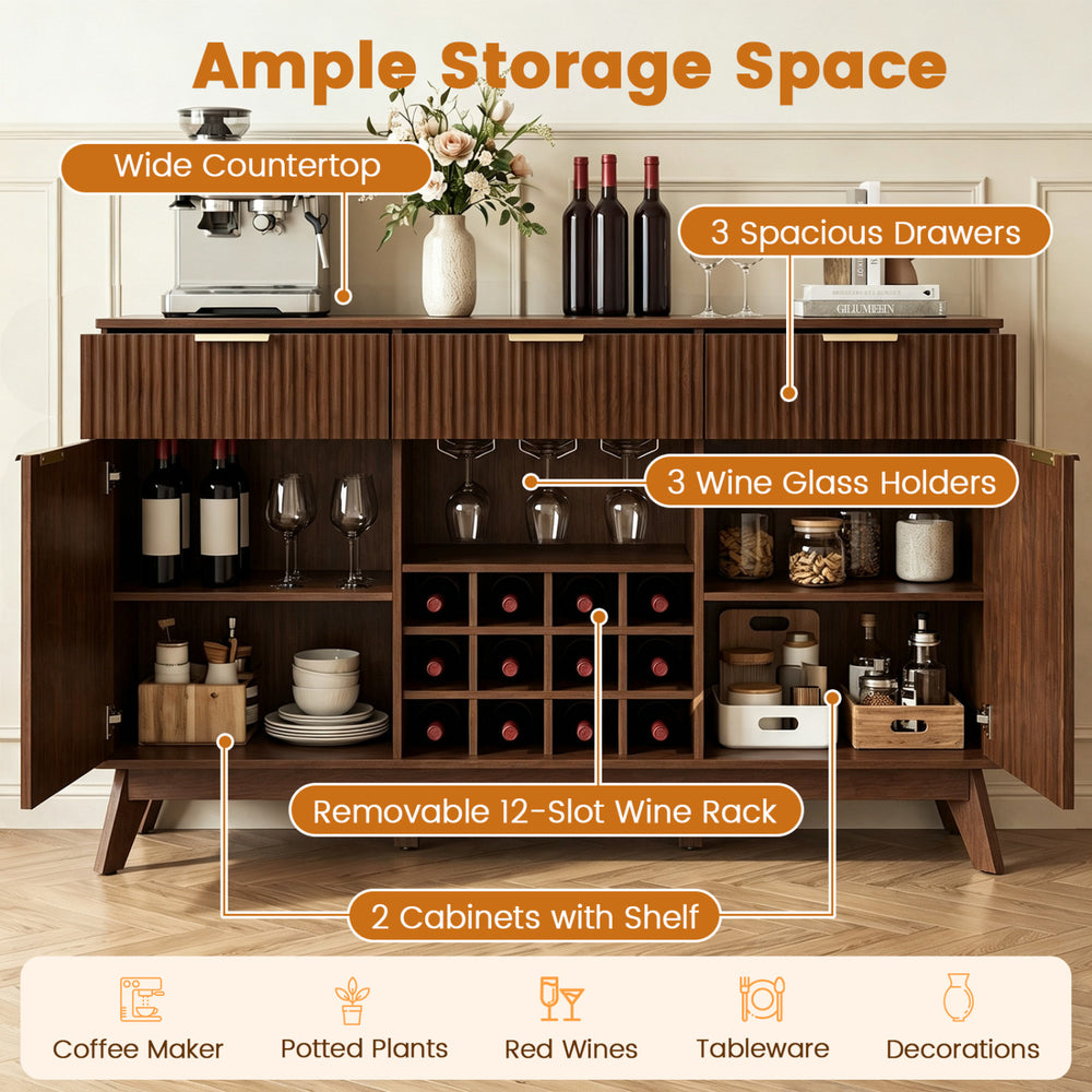 Wine bar cabinet in brown featuring a wide countertop, 3 spacious drawers, and adjustable shelves for versatile storage.