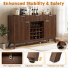 Wine bar cabinet in brown featuring adjustable shelves, 12-slot wine rack, and 3 glass holders for versatile storage.