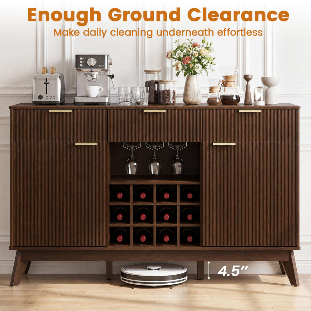 Wine bar cabinet in brown featuring adjustable shelves, 12-slot wine rack, and 4.5" ground clearance for easy cleaning.
