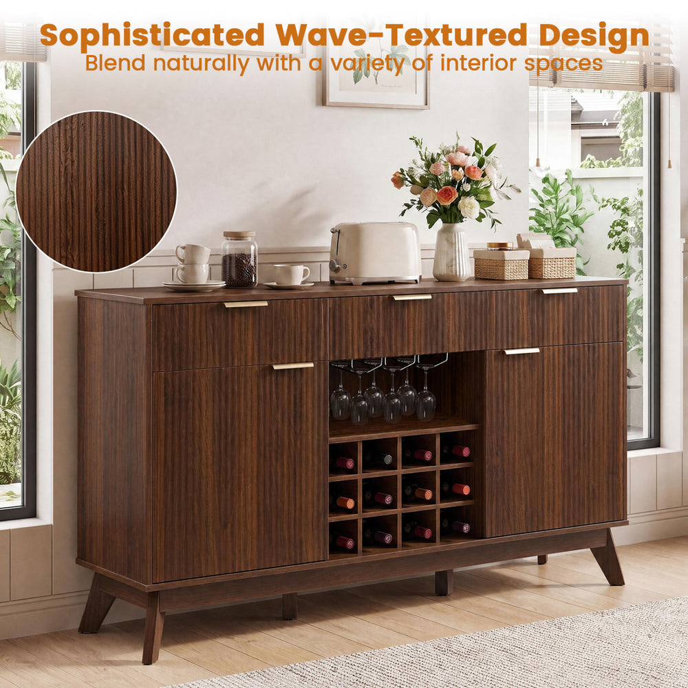 Wine bar cabinet in brown with wave-textured design, adjustable shelves, and removable wine rack for versatile storage.