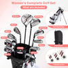 Women's complete golf set featuring a driver, fairway, hybrid, and irons in a lightweight red bag with headcovers.