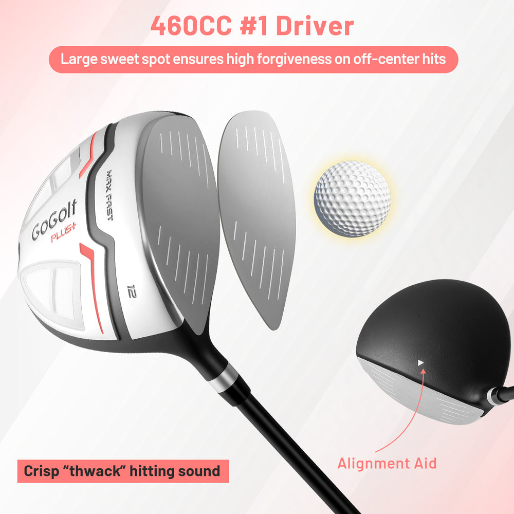 Women's golf driver showcasing a large sweet spot and alignment aid for improved accuracy, ideal for off-center hits.