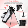 Pop-up base golf bag with sturdy support legs, anti-slip foot pads, and convenient storage for women's golf clubs.