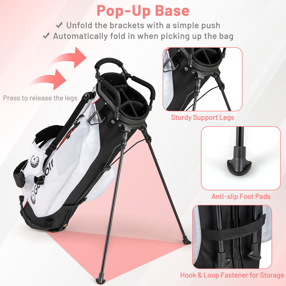 Pop-up base golf bag with sturdy support legs, anti-slip foot pads, and convenient storage for women's golf clubs.