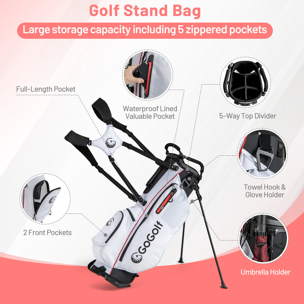 Women's golf stand bag in red with 5 zippered pockets, dual shoulder straps, and umbrella holder for easy carrying.