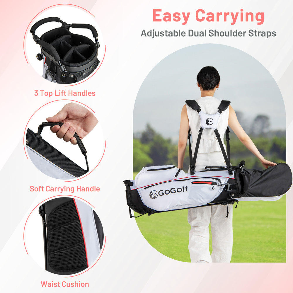 Women's golf bag set with dual shoulder straps, featuring a soft handle and multiple pockets for easy carrying.